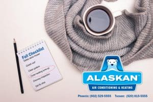 Fall checklist next to cup of coffee with scarf wrapped around it, view from top down, Alaskan Air Conditioning and Heating logo and contact phone numbers
