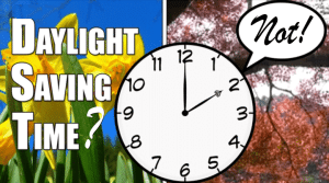 Daylight savings time with spring and fall images next to each other, clock overlay