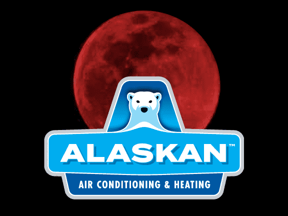 Full red moon with Alaskan AC logo over bottom portion