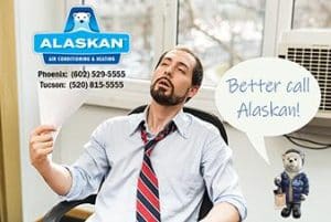 Man sitting in office chair next to window AC unit fanning himself with paper, looking miserably hot with Polar Bear mascot saying "better call Alaskan" in bottom corner, Alaskan Air Conditioning and Heating logo and contact phone numbers in top left corner