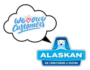 "We Love Our Customers" speech bubble over Alaskan AC logo